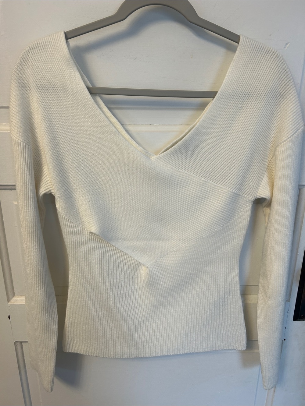 French Connection Cream Off-Shoulder Ribbed Knit Sweater